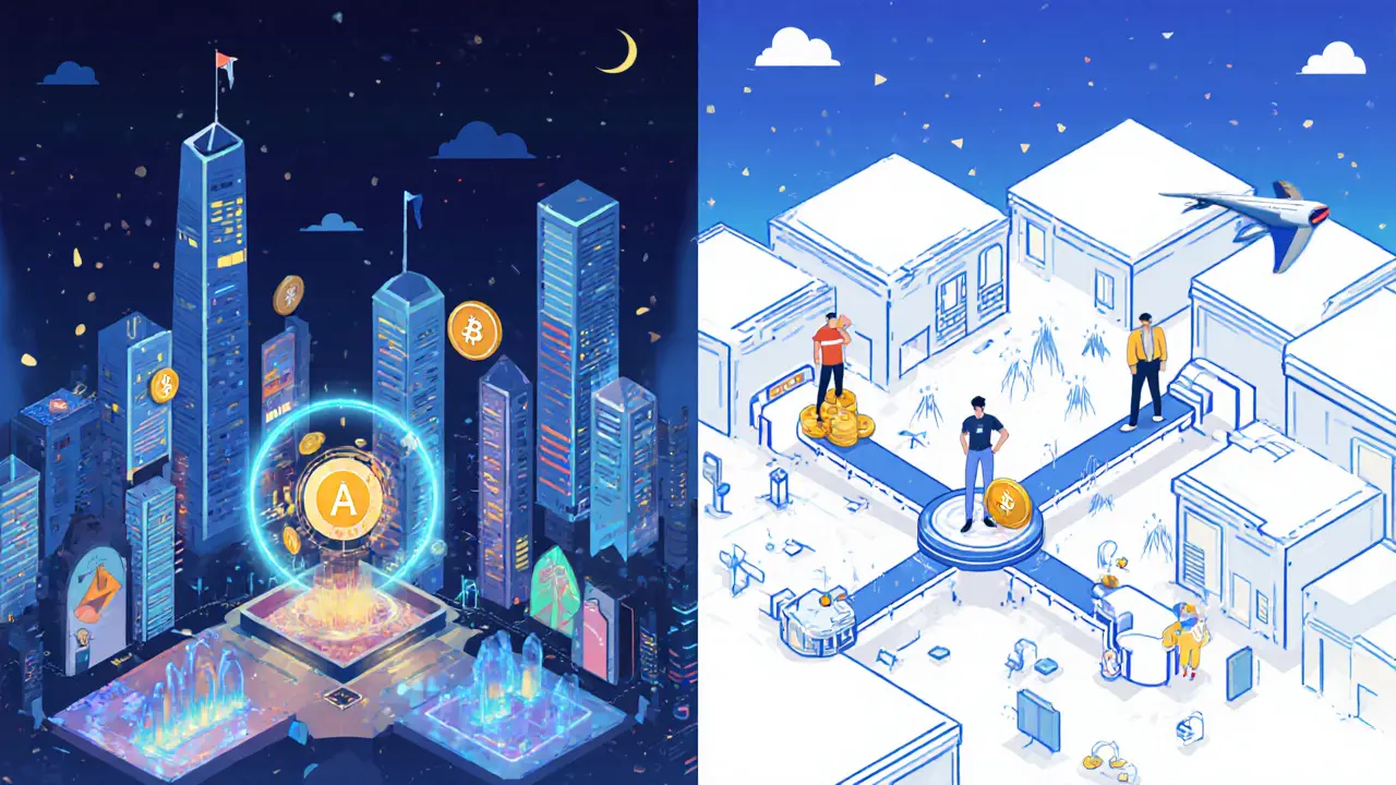 Cartoon comparison: Aerodrome’s efficient reward-based trading city vs. Uniswap’s scattered, reward-free marketplace.