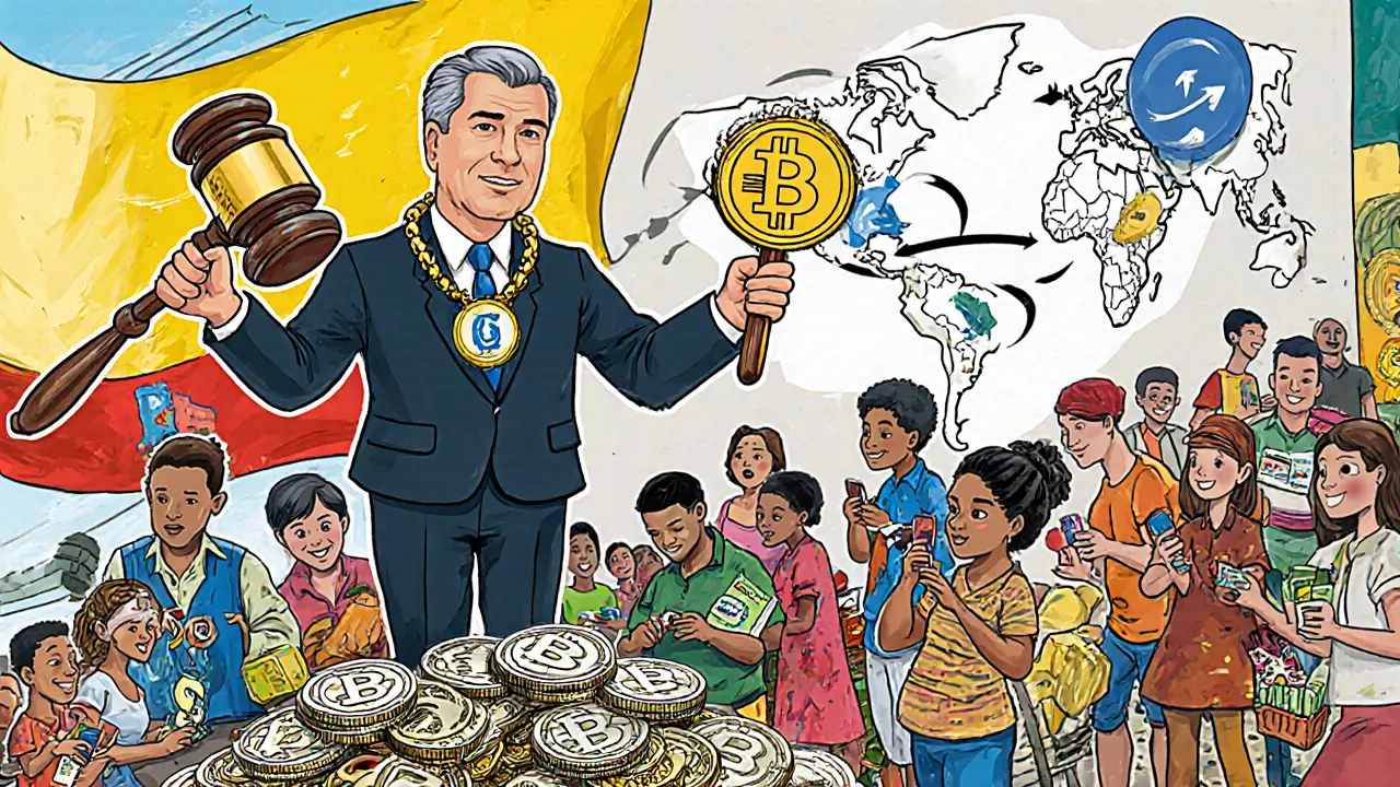 Central Bank leader holding blockchain gavel as people use stablecoins in a vibrant market.