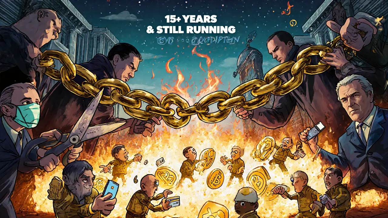 Shadowy oppressors trying to break a glowing blockchain, while hundreds of diverse nodes hold it together with resilience.