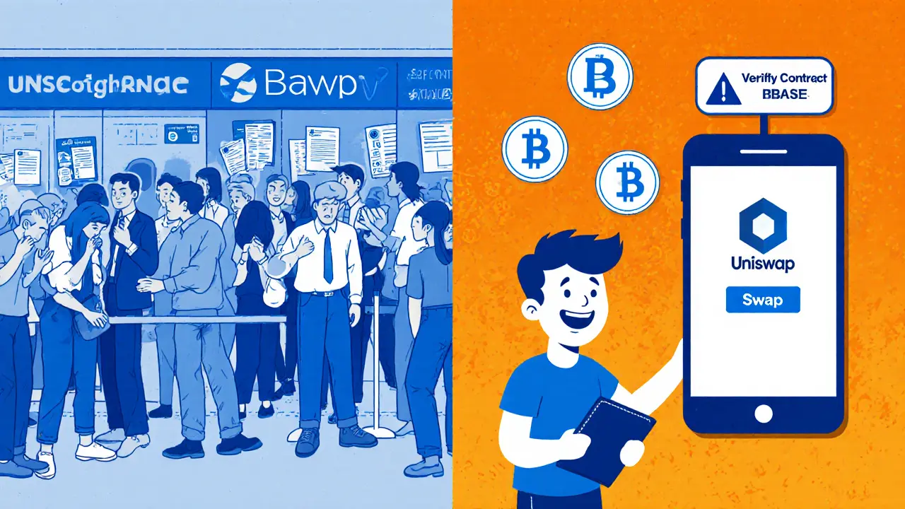 Split scene: stressed person at a centralized exchange vs. calm trader using Uniswap v2 on Base with tokens floating above.