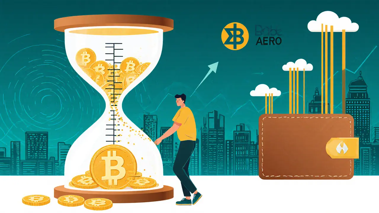 User staking AERO into a time-based locker as golden rewards flow down, with Base blockchain skyline rising in the background.