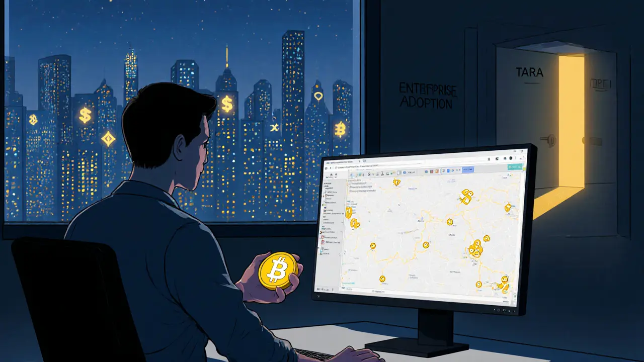 Worker in office facing empty blockchain landscape while city glows with DeFi and NFT symbols.