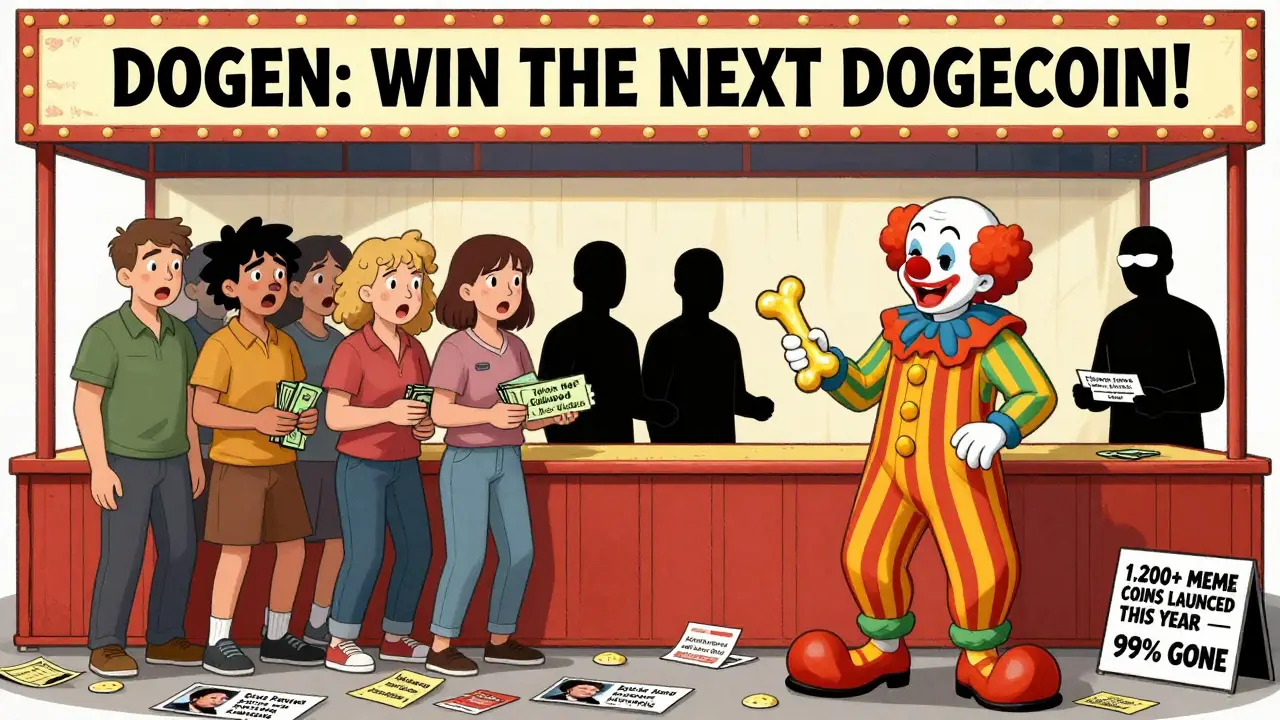 A carnival game booth called 'Win the Next Dogecoin!' with masked operators and customers who never received their tokens.