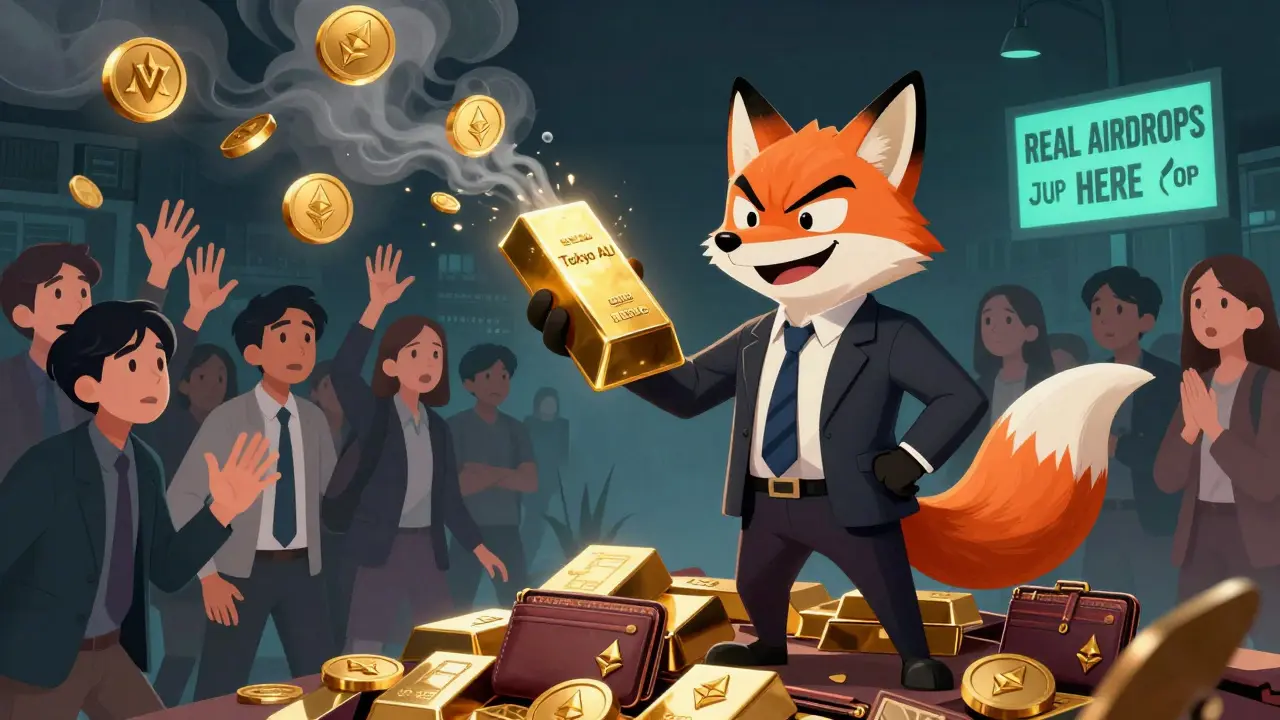 A fox in a suit stands on stolen wallets, luring people with dissolving fake tokens while real projects glow in the distance.