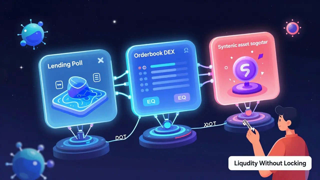 A futuristic DeFi dashboard with interconnected lending, trading, and synthetic asset systems powered by EQ and xDOT.