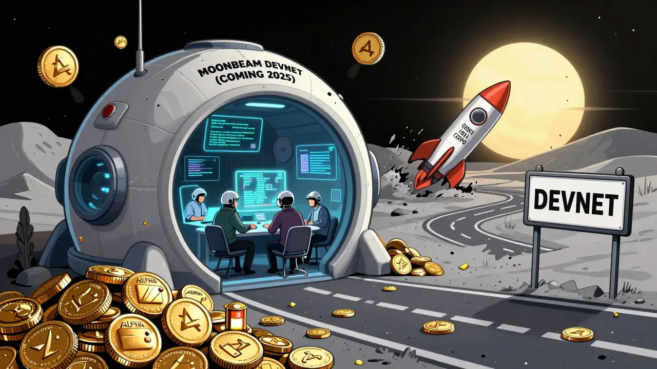 A futuristic lunar devnet rises from discarded tokens as a warning sign looms over lost funds.