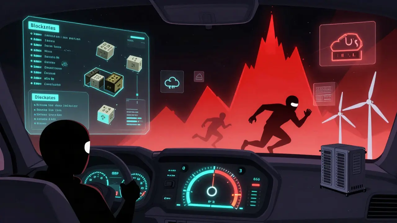 A futuristic mining dashboard with real-time sensors and rising difficulty spikes, repelling attackers as miner activity is dynamically tracked.