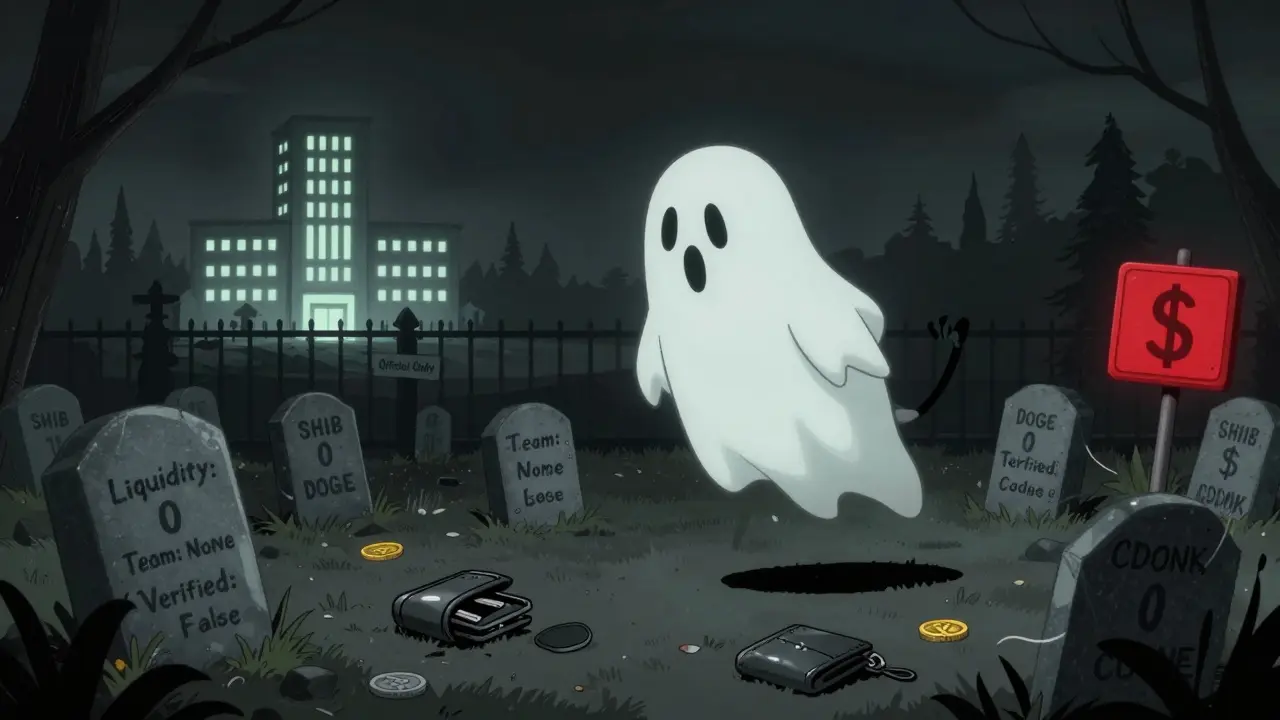 A ghostly cartoon donkey floats over a graveyard of dead crypto projects, with a distant official CoinMarketCap building behind a safety fence.