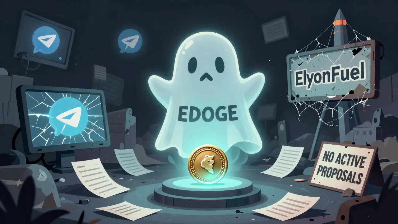 A ghostly EDOGE token floats in an abandoned digital world with a silent EDAO governance token on display.