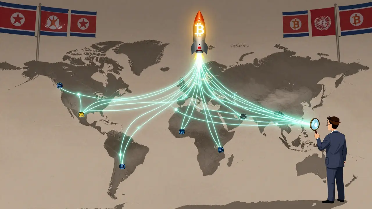 A global blockchain map with stolen crypto flowing from North Korea, blocked by a powerless inspector.