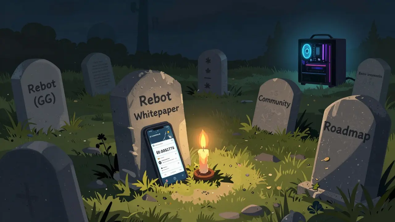 A graveyard of failed crypto project elements with a flickering candle showing Reboot's near-zero price on a cracked phone.