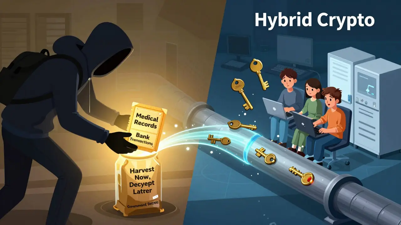 A hacker stealing data for future decryption, while hybrid encryption protects modern life.