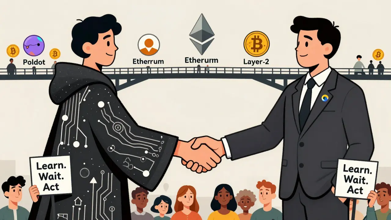 A handshake between Equilibrium and Republic figures above a cross-chain bridge connecting major blockchains.