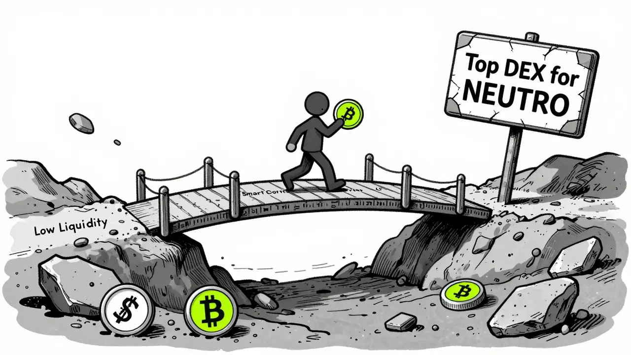 A lone figure crosses a fragile code bridge over a chasm labeled 'Low Liquidity', with other cryptocurrencies buried below.