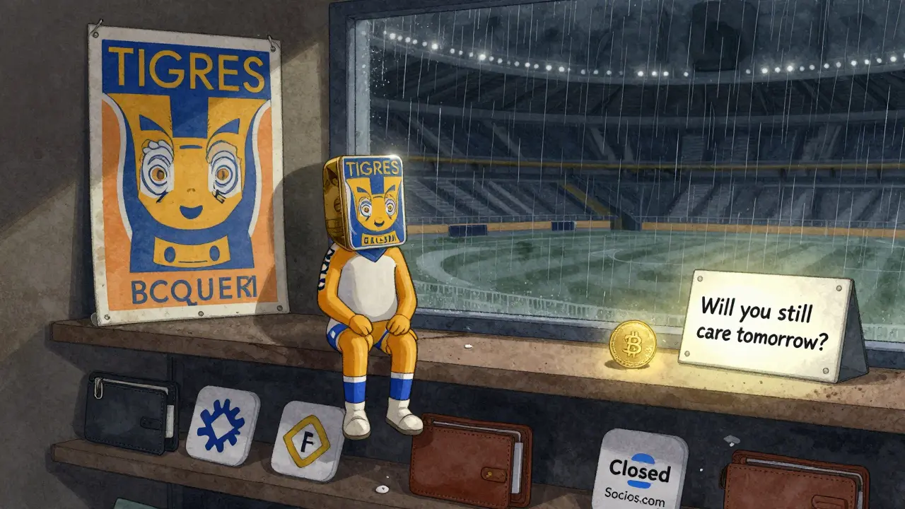 A lone TIGRES token sits unused on a shelf beside a faded team poster, with broken exchange logos and an empty stadium outside.