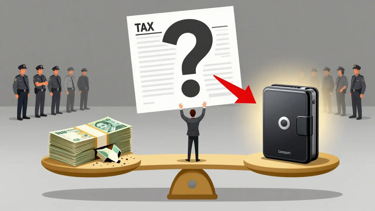A person choosing between collapsing pesos and a secure crypto wallet under a tax question mark.