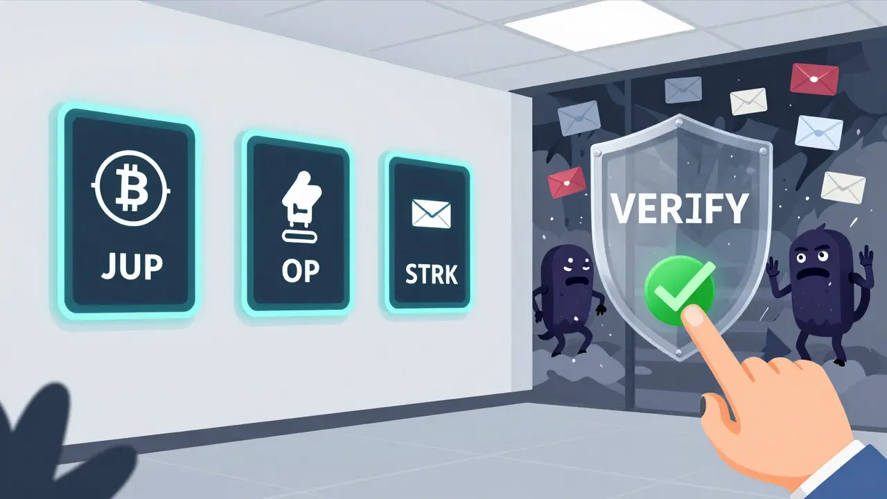 A safe room with verified airdrops protected by a verify shield, blocking chaotic scam bots and phishing links.
