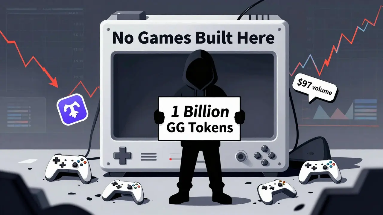 A shadowy figure holds a sign for 1 billion GG tokens in front of an empty game console surrounded by abandoned crypto symbols.