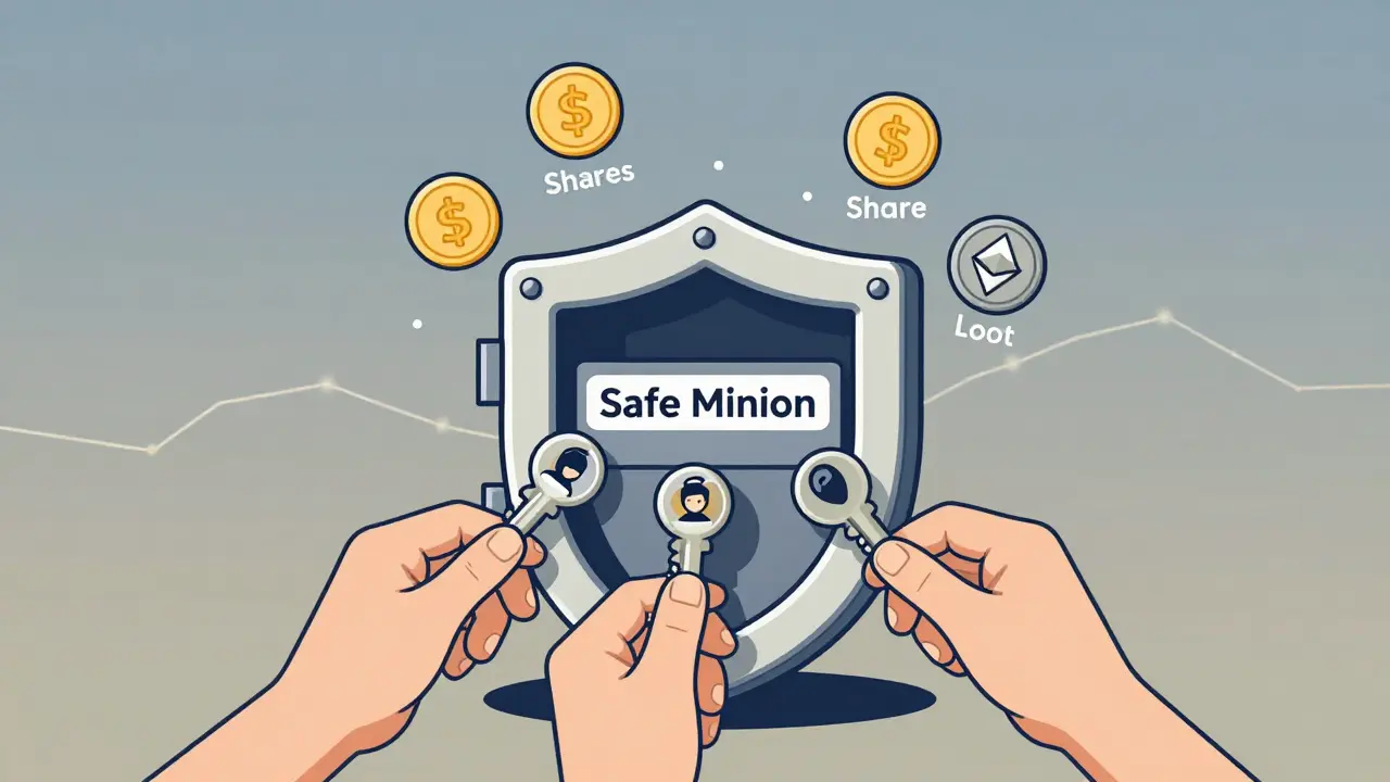 A shield-shaped digital wallet with multiple keys held by members, releasing shares and loot tokens.