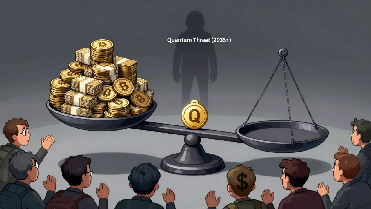 A tiny Q token balancing on a scale, with traders scrambling as a distant quantum threat looms.