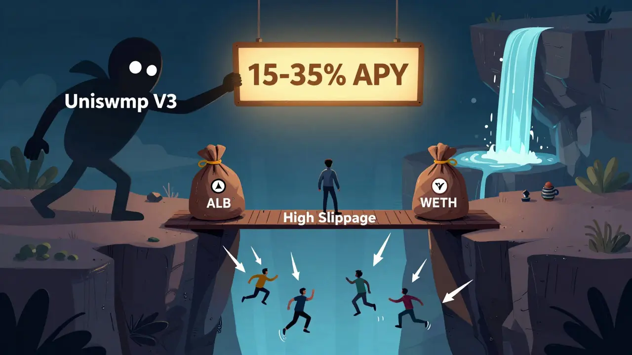 A trader balancing ALB and WETH tokens over a deep slippage chasm, with Uniswap looming large in the background.