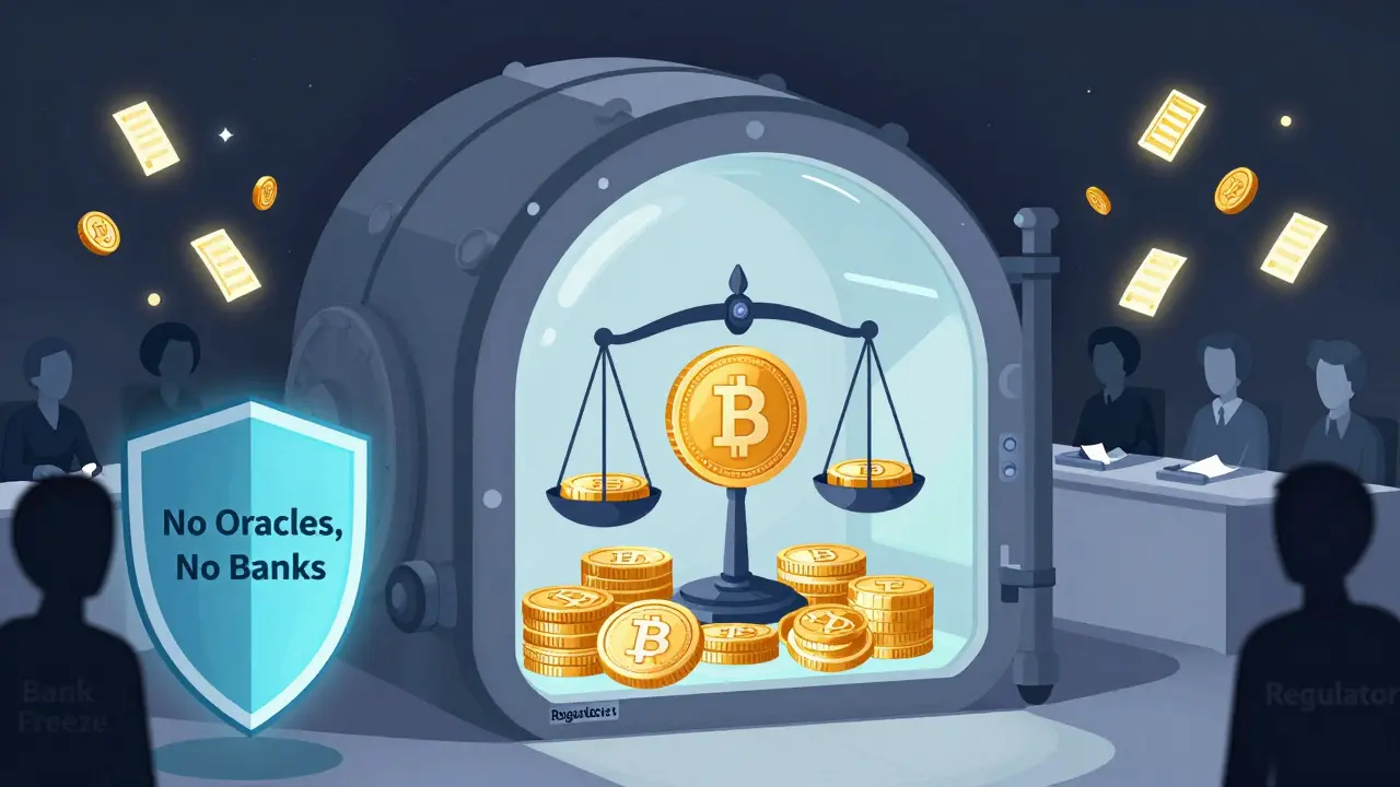 A transparent smart contract vault holding crypto assets, with a ZCHF token balanced beside a Swiss franc coin, protected by a &#039;No Oracles, No Banks&#039; shield.