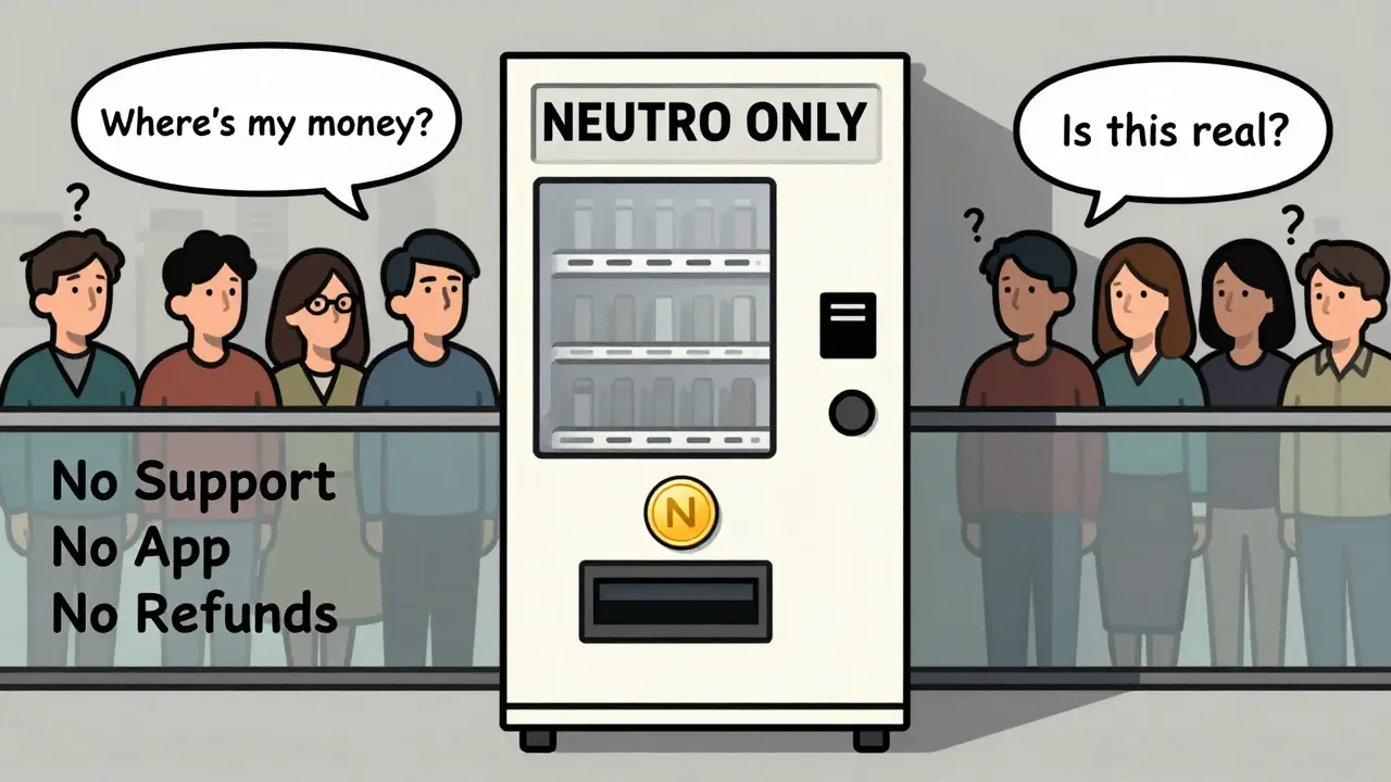 A vending machine labeled 'NEUTRO ONLY' dispenses a token while confused users stand behind barriers labeled 'No Support'.