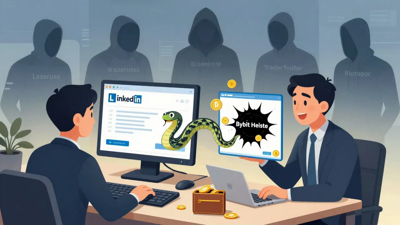 An employee clicking a LinkedIn job offer that turns into a snake draining crypto from their computer.