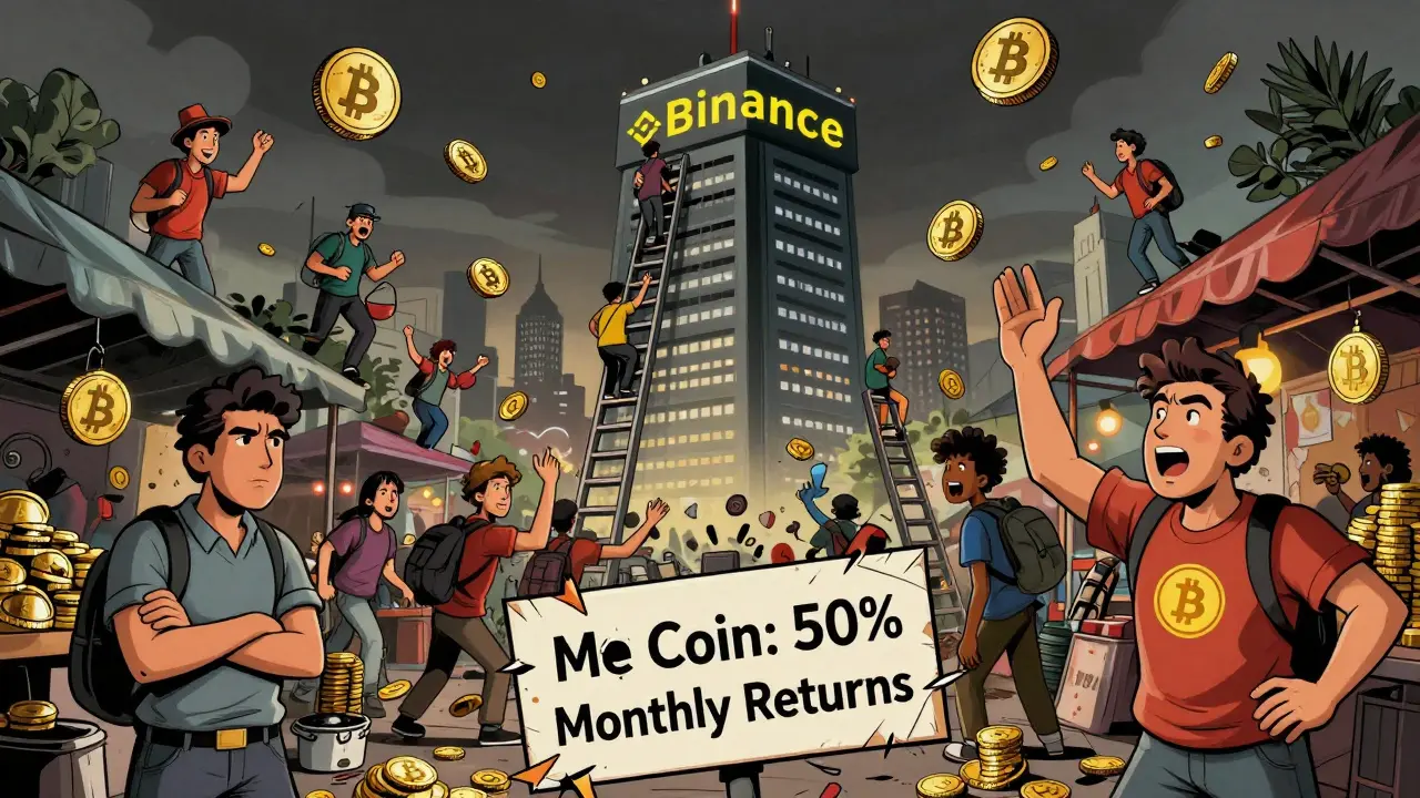 Chaotic crypto marketplace with unregulated exchanges and a fallen Ponzi scheme sign.