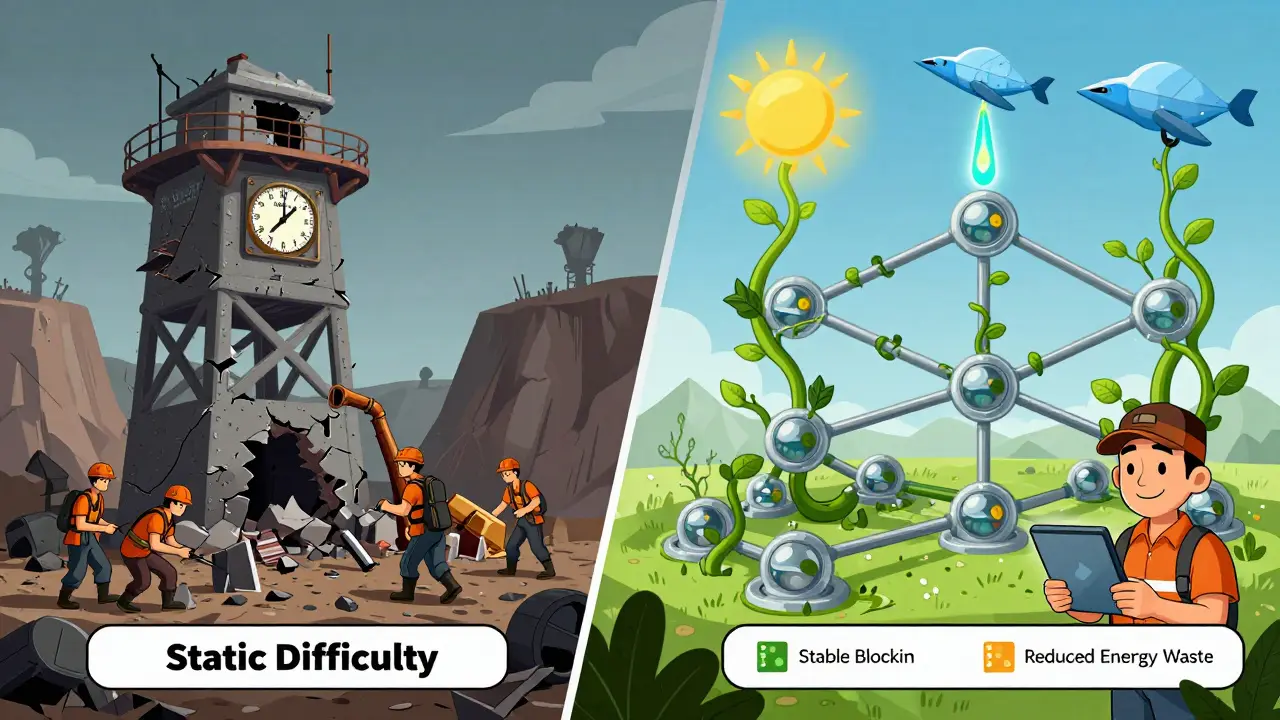 Contrasting scene: crumbling static mining system vs. a vibrant adaptive network using renewable energy and smart algorithms for stability.