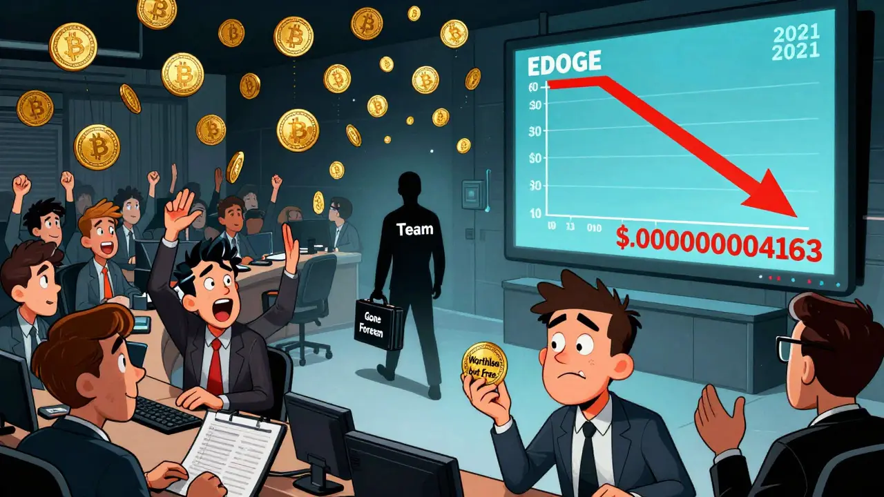 Crowd celebrates free EDOGE tokens as the team walks away, with a crashing token price on screen.