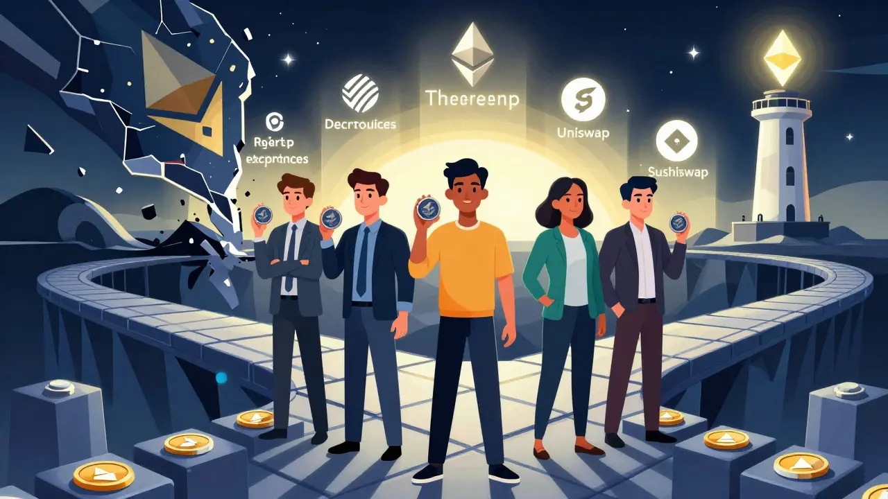 Diverse DeFi users standing on a blockchain bridge, holding ZCHF tokens, as a USD flag falls behind them toward a horizon of decentralized exchanges.