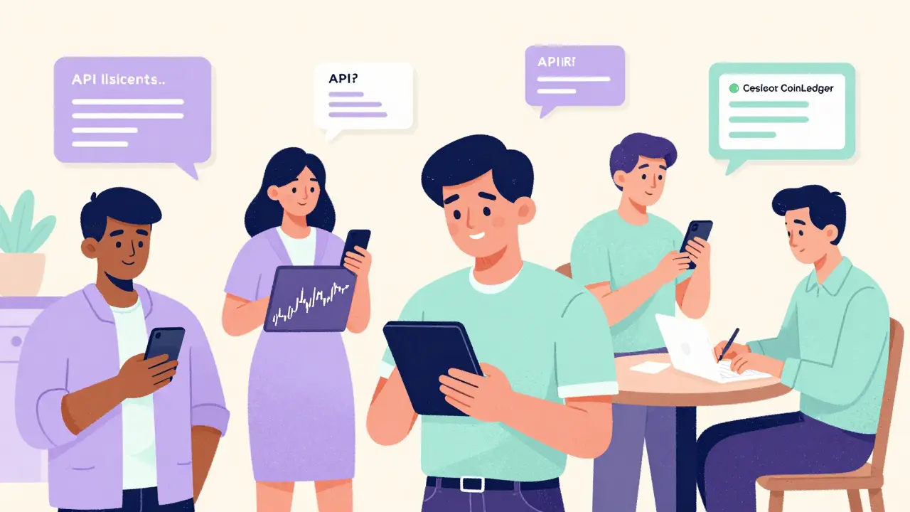 Diverse traders using Alterdice app on phones, setting alerts and connecting to tax tools, showing seamless mobile trading.