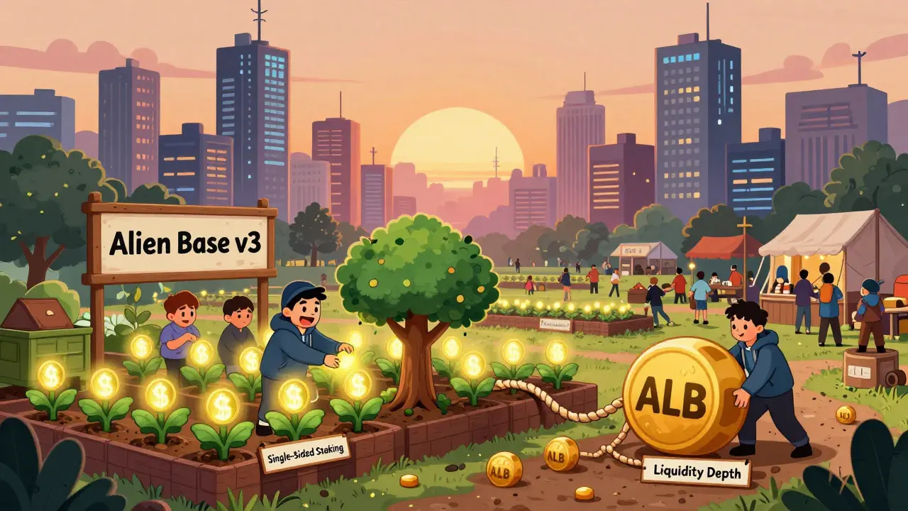 Farmers tending ALB token plants in a quiet crypto farmstead, while giant DEXes loom in the distance at sunset.