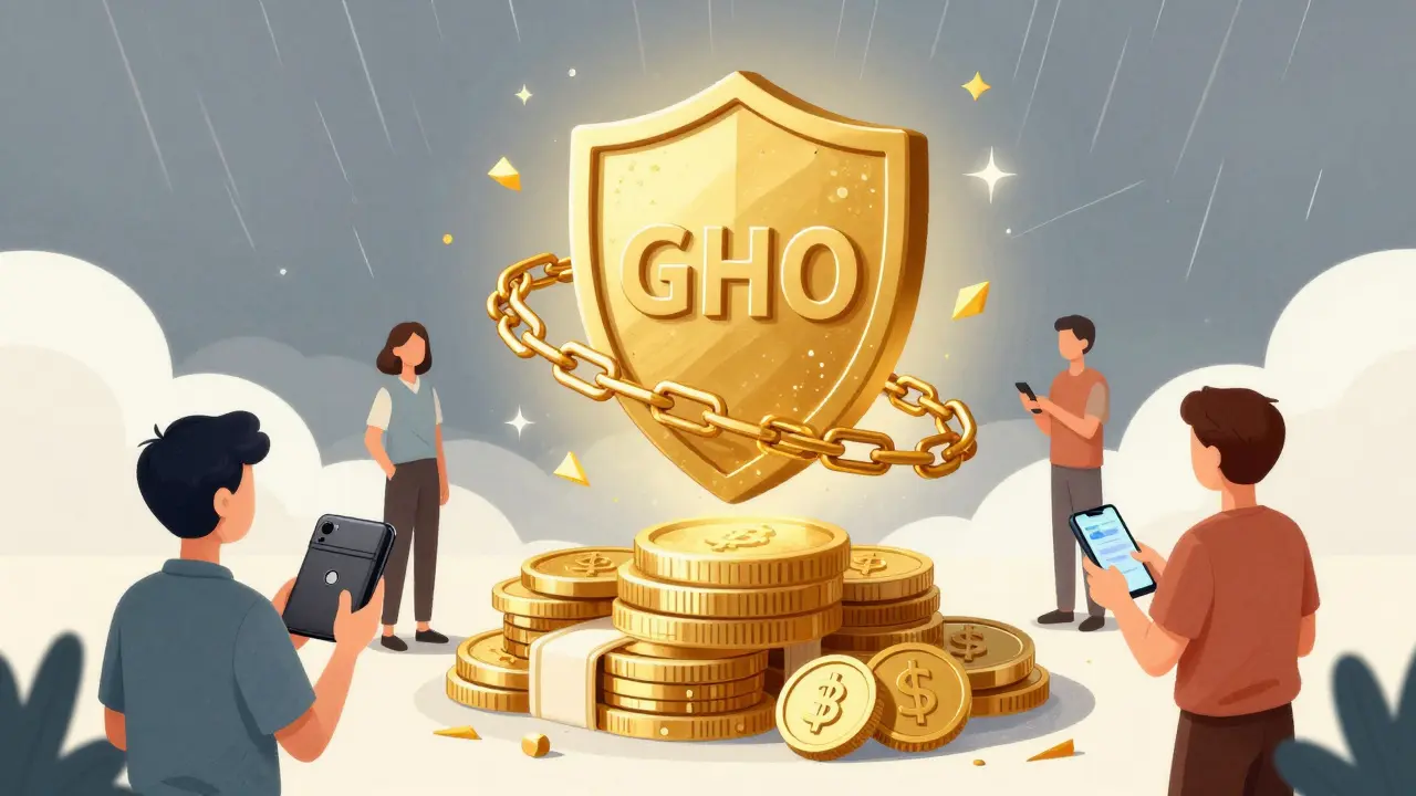 GHO stablecoin protected by a safety shield, surrounded by collateral assets and calm users.