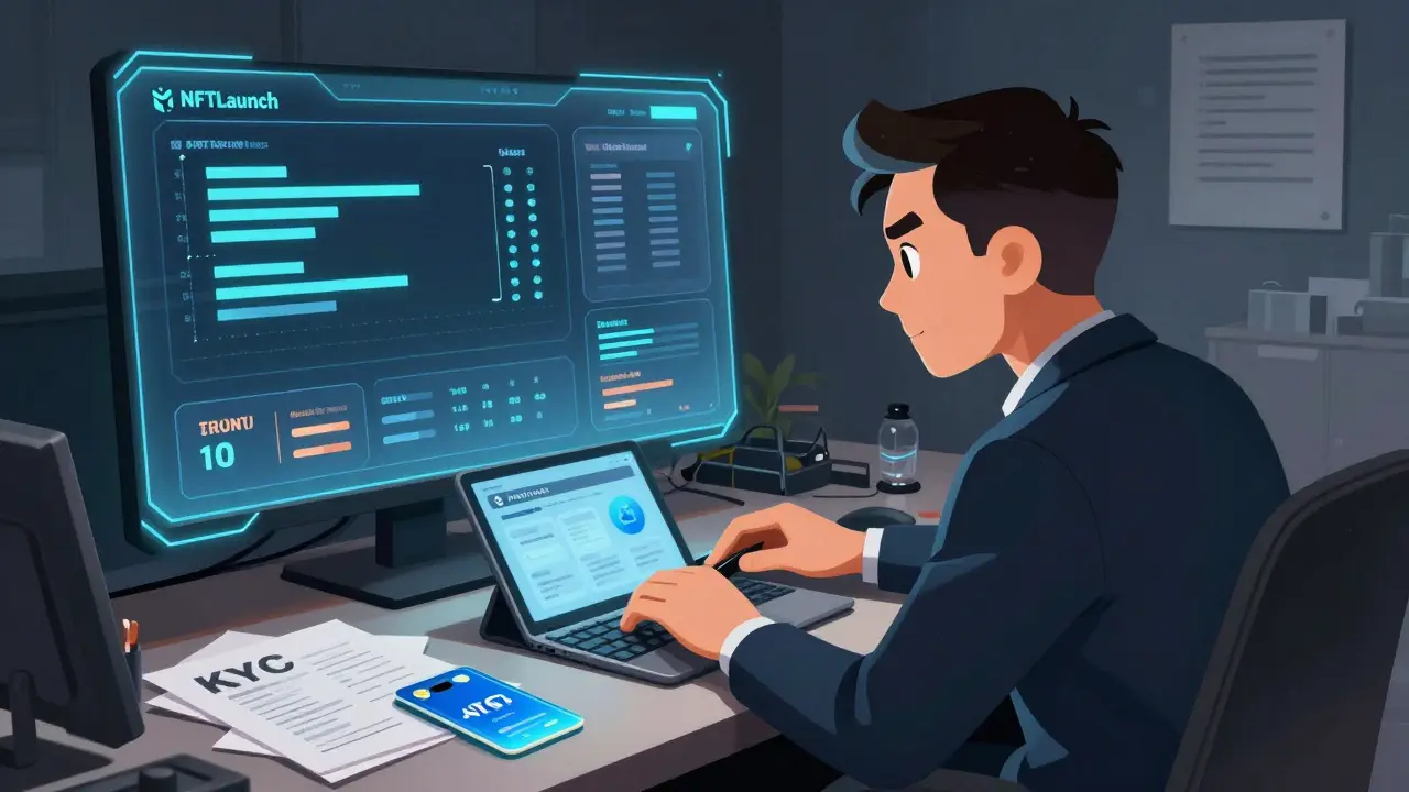 Investor monitoring a holographic NFTLaunch dashboard with KYC documents and a glowing NFT pass on desk.