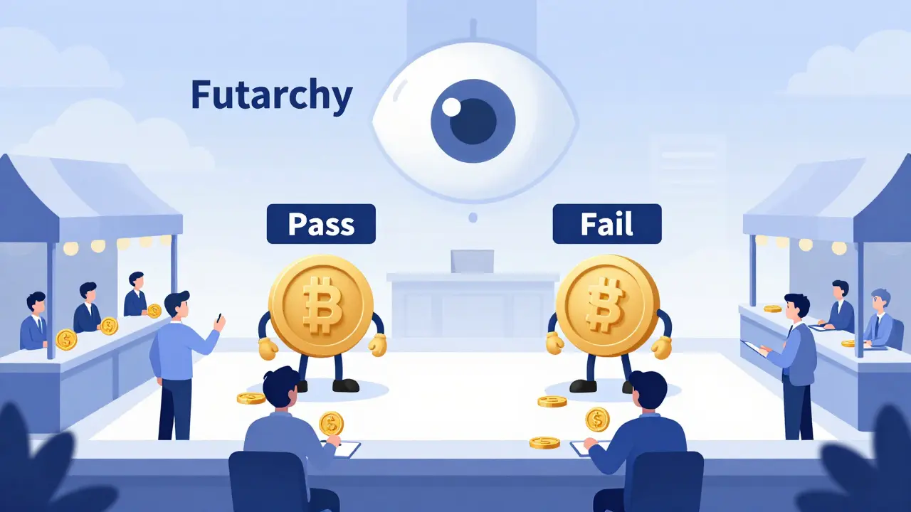 Market-based governance in action: 'Pass' and 'Fail' tokens are traded like stocks under the watchful eye of Futarchy.