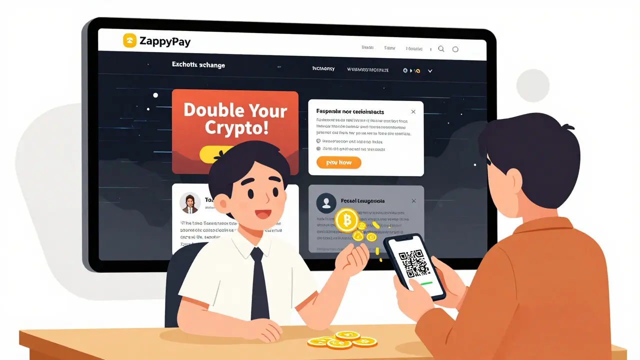 Merchant accepting crypto payment via QR code, with a fake exchange website looming in the background.