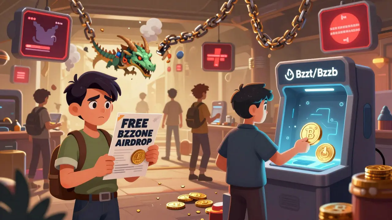 Players trading NFTs in a metaverse marketplace using BZZONE coins, while one rejects a fake airdrop flyer.