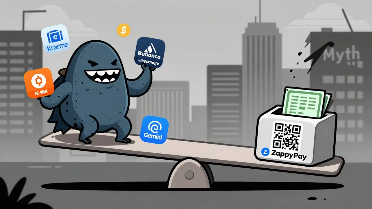 Seesaw comparison showing real crypto exchanges with security features versus ZappyPay as a simple payment terminal.