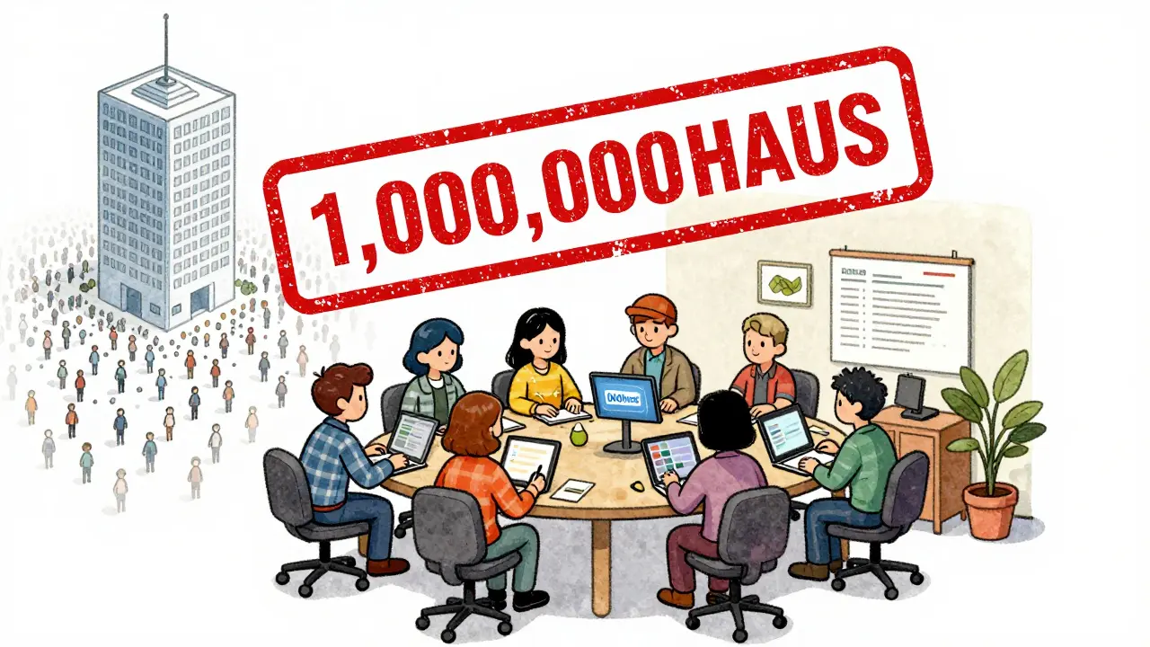 Small team building a DAO on a tablet, with a fixed HAUS supply stamp above them.