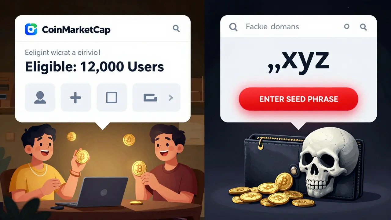 Split illustration: left shows a legitimate airdrop with verified tokens, right shows a phishing site draining a wallet with a red &#039;enter seed phrase&#039; button.