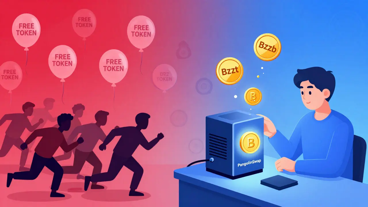 Split scene: chaotic scam seekers on left, calm miner earning BZZONE on right with PangolinSwap interface.