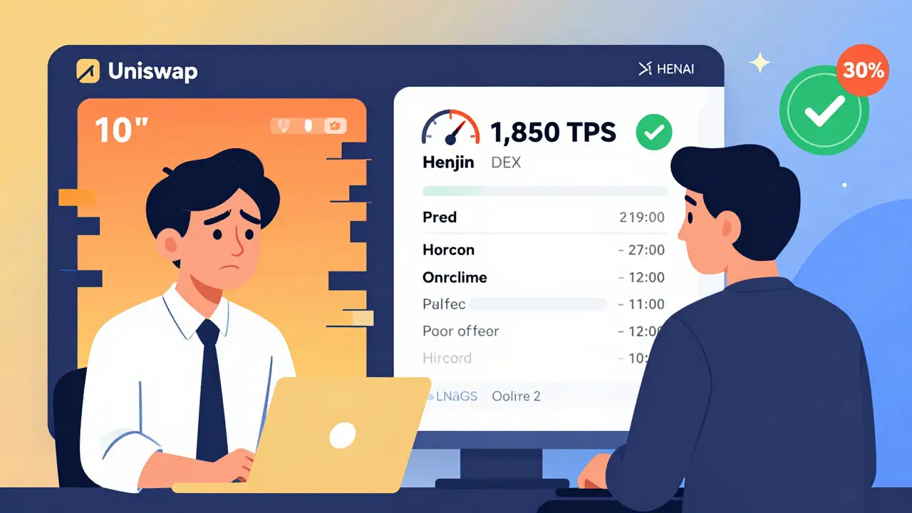 Split scene comparing slow Uniswap trade with fast Henjin DEX execution and fee discount