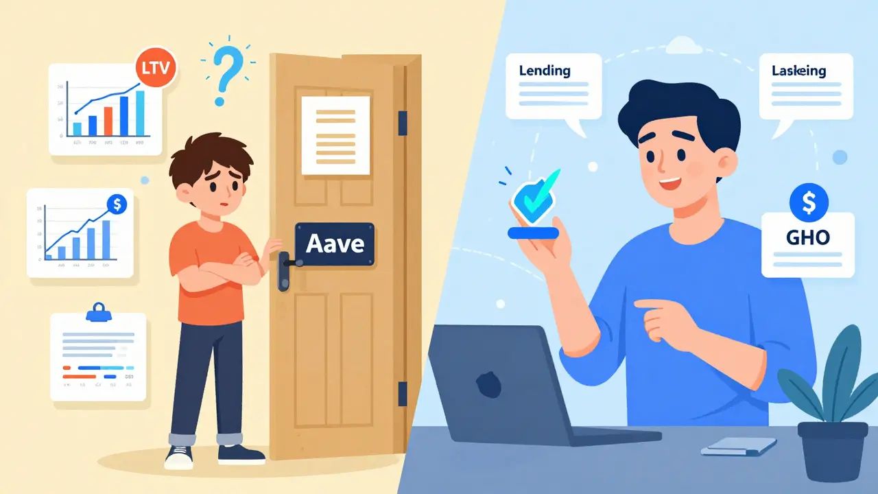 Split scene: nervous beginner outside Aave door vs. expert inside managing loans and GHO stablecoin.