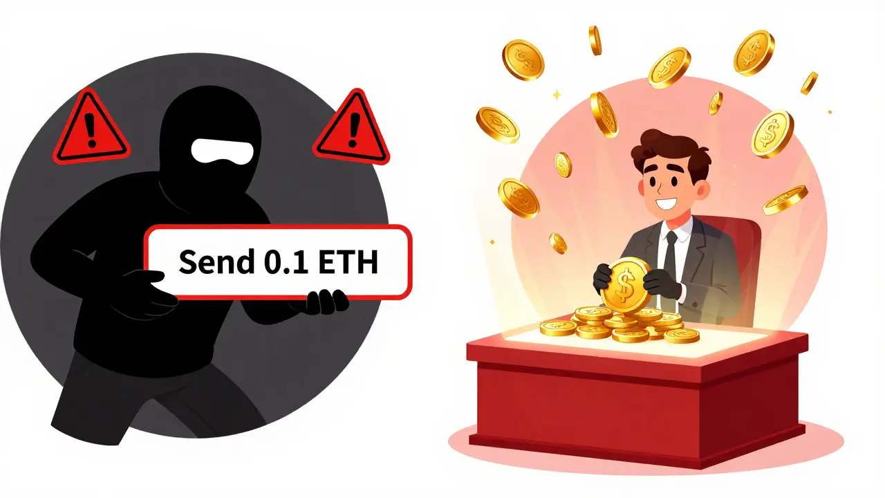 Split scene: scammer offering fake ETH request vs. holder staking NFT in glowing DAO voting chamber.