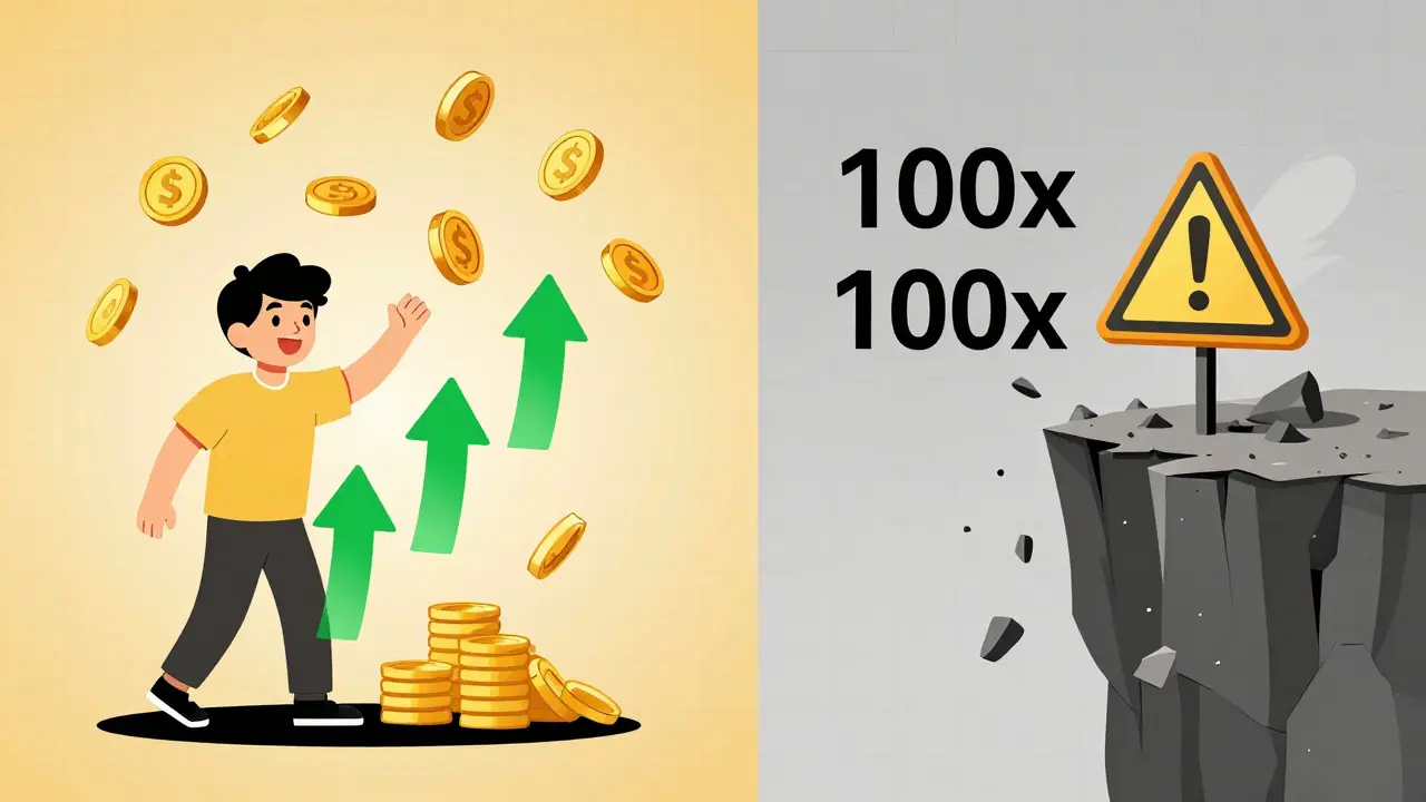 Split scene showing safe yield farming on one side and risky 100x leverage trade on the other.