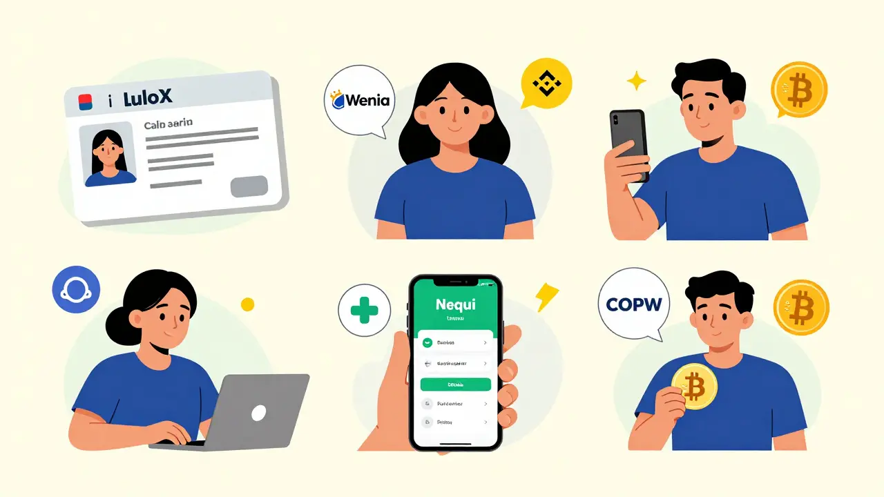 Step-by-step visual guide of signing up for a Colombian crypto exchange.