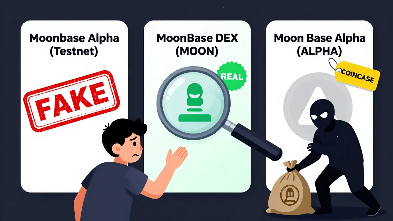 Three similarly named crypto projects displayed side-by-side with clear labels distinguishing fake from real.