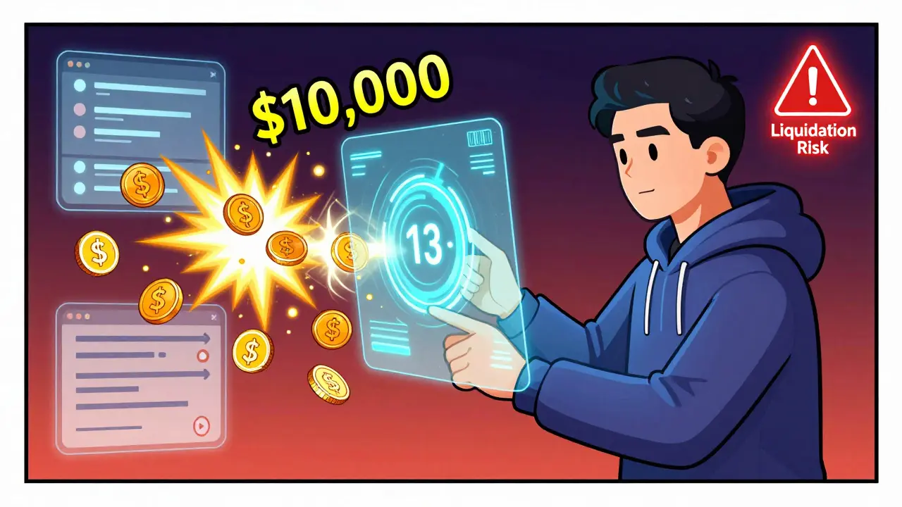 Trader executing a flash loan with a 13-second timer, coins moving between exchanges and profit sparks flying.